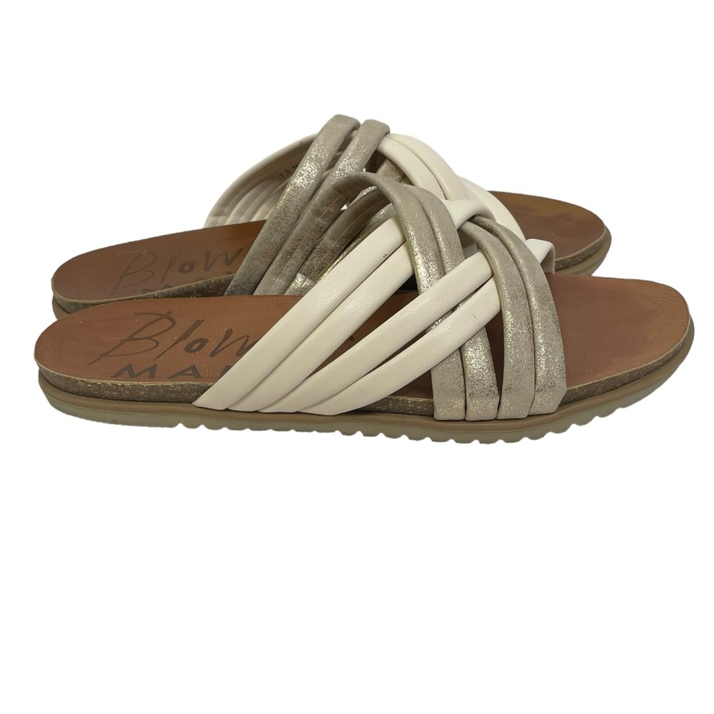 Blowfish Myll Sandals Women’s Bone and Gold Slip  EUC On Size 7.5